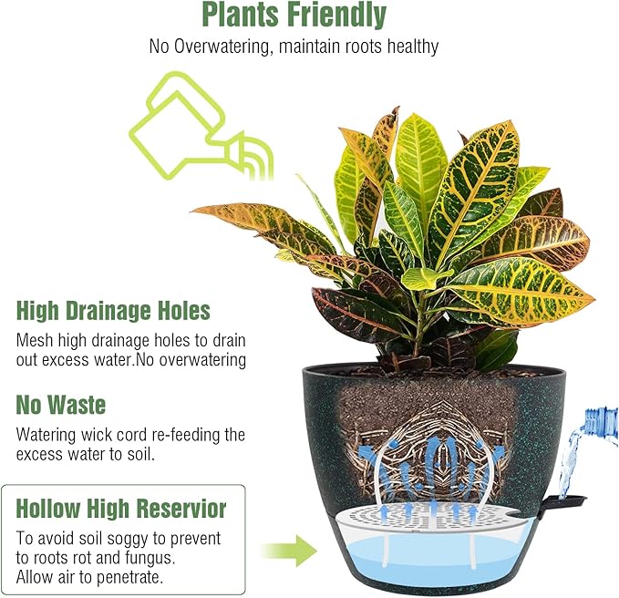 10/9/8 inch Self Watering Pots, Set of 3 Plastic Planters with Mesh Drainage Holes and Deep Reservoir for Indoor Outdoor Garden Plants and Flowers, Black with Green Speckles-VerdiqueGarden