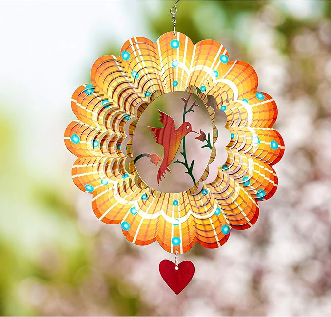 SteadyDoggie Wind Spinner - 12-Inch 3D Stainless Steel Lovebird Design with Heart Pendant - Laser Cut Metal Art Geometric Pattern - Hanging Kinetic Yard Garden Decor-VerdiqueGarden