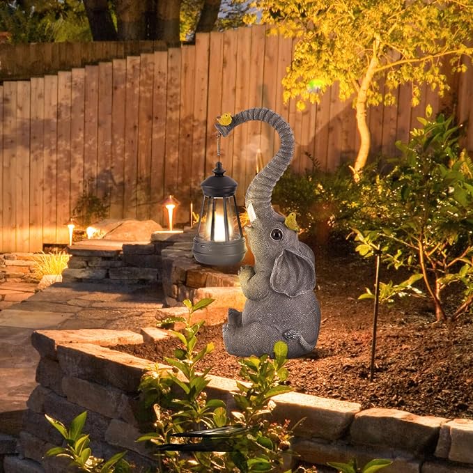 Solar Outdoor Garden Statues Lights, Mom Gifts Birthday Gifts for Women, Lucky Elephant Unique Housewarming Gifts and Yard Decoration, Elephant Figurines with Cute Birds Garden Sculpture Decor-VerdiqueGarden