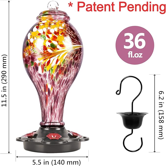 LUJII Hand Blown Glass Hummingbird Feeder for Outdoors Hanging with Ant Guard, 36 fl.oz, Leak Proof & Rustproof, Metal Base with 5 Feeding Ports & 5 Perches, Unique Garden & Backyard Decor (Purple)-VerdiqueGarden
