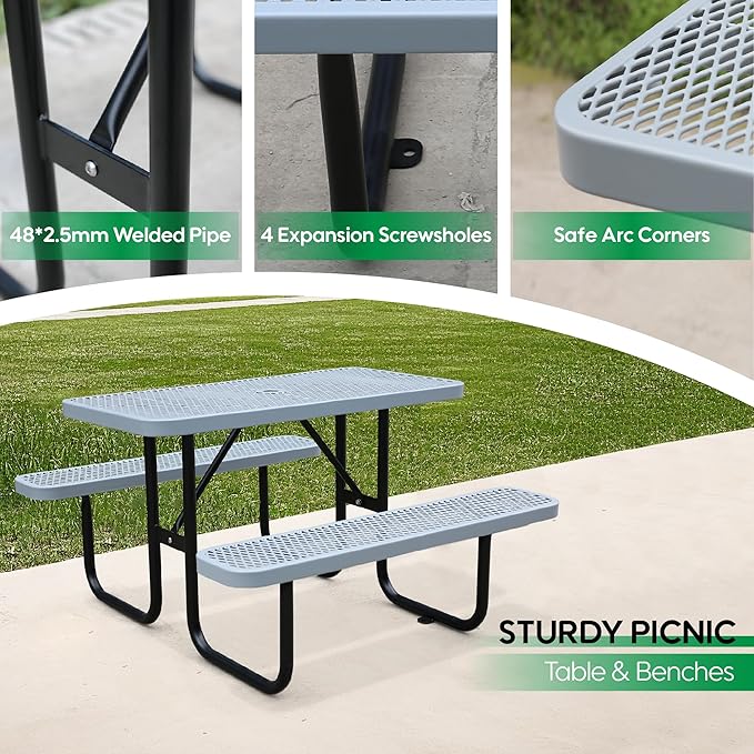 4FT Metal Picnic Tables for Outdoors, Commercial Rectangular Picnic Table and Bench Set for Outside, Patio, Garden, Backyard, Porch, Surface Mount, Grey-VerdiqueGarden
