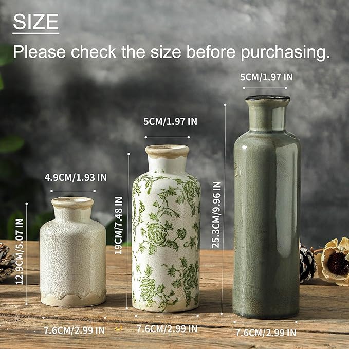 Vintage Vase Set of 3, Ceramic Vintage Flower Vases, Chinoiserie Decorative Home Decor Retro Floral Vase Rustic Farmhouse Decor for Table Bookshelf Mantel Kitchen Living Room Office - Green and Beige-VerdiqueGarden