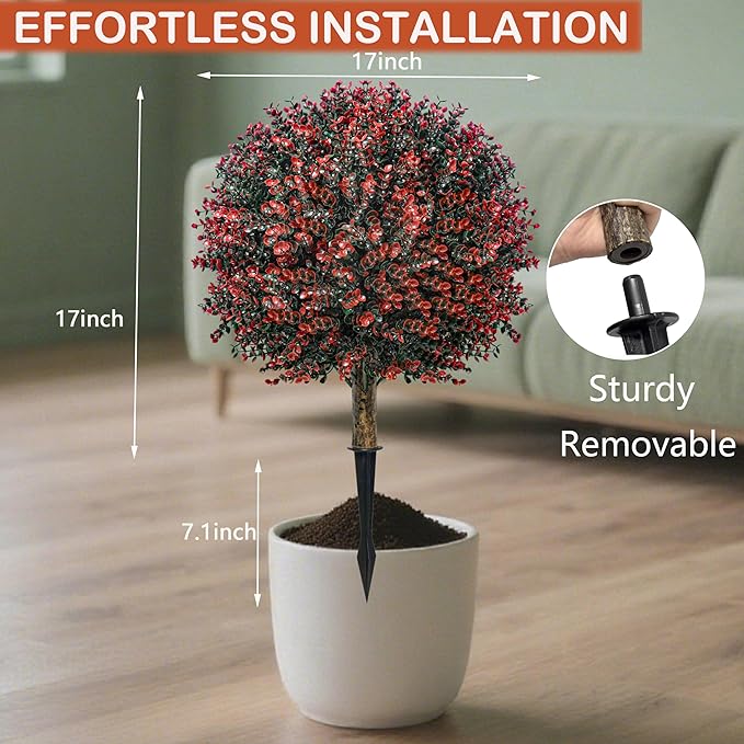 Fall Artificial Boxwood Topiary Ball Tree Bushes with Ground Spike, Set of 2 Outdoor Faux Shrub Topiary Ball, 24" UV Resistant Fake Boxwood Plants for Potted Planter,Indoor,Autumn-VerdiqueGarden