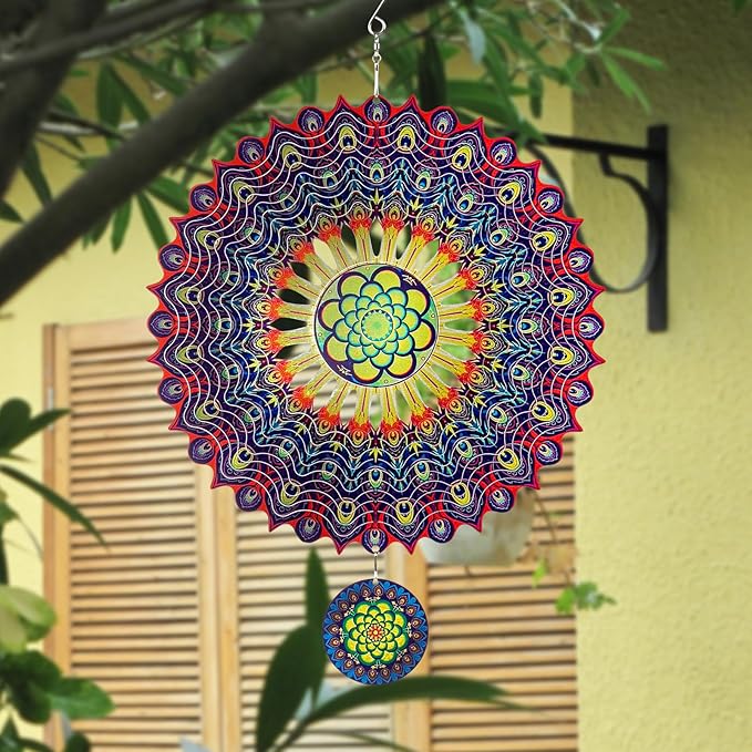TUOKING Wind Spinners Outdoor Peacock Feathers 3D Metal Hanging Art Wind Sculptures 12 Inch Stainless Steel for Yard and Garden Decoration Worth Gift for Women-VerdiqueGarden