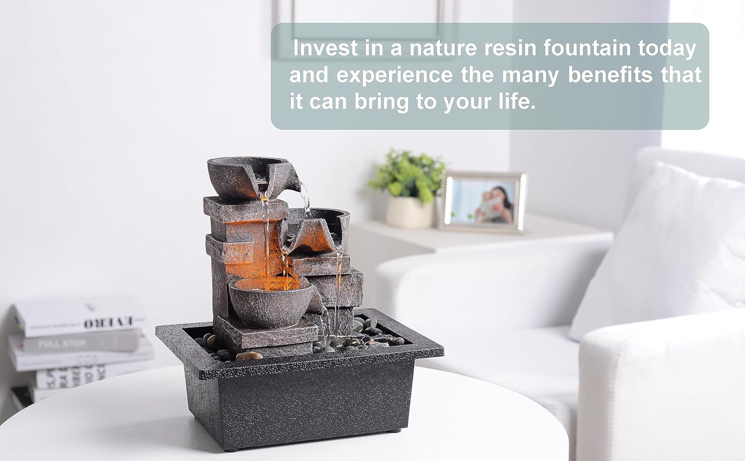 Indoor Fountain 3-Bowl Rockery Soothing Sound Tabletop Fountains Home/Office Decor with Natural River Rocks LED Lights Automatic Watering Pump(22044A)-VerdiqueGarden