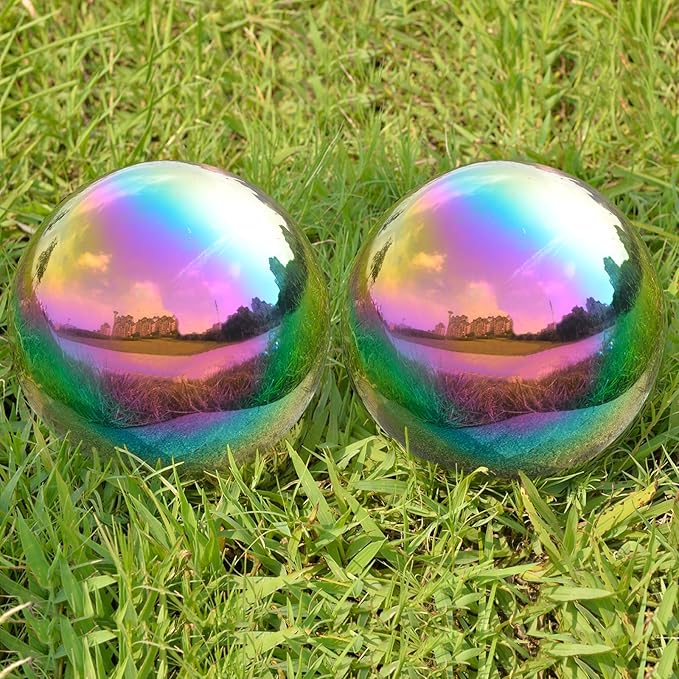 Nerien Gazing Ball, 3.9" Stainless Steel Garden Mirror Globe, Polished Ornament Sphere, Hollow Floating Reflective Hemisphere, Home Outdoor Pond Housewarming Swimming Pool Decoration, Rainbow, 2pcs-VerdiqueGarden