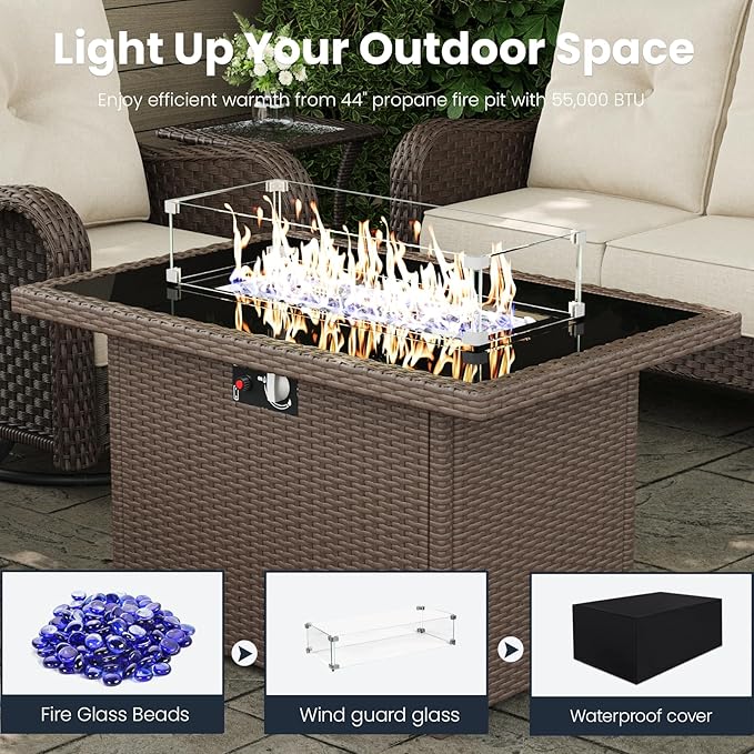 10 Pieces Outdoor Patio Furniture Sets with Rocking Swivel Chairs with 6-inch Thick Cushion and Fire Pit Table for Deck Lawn-VerdiqueGarden