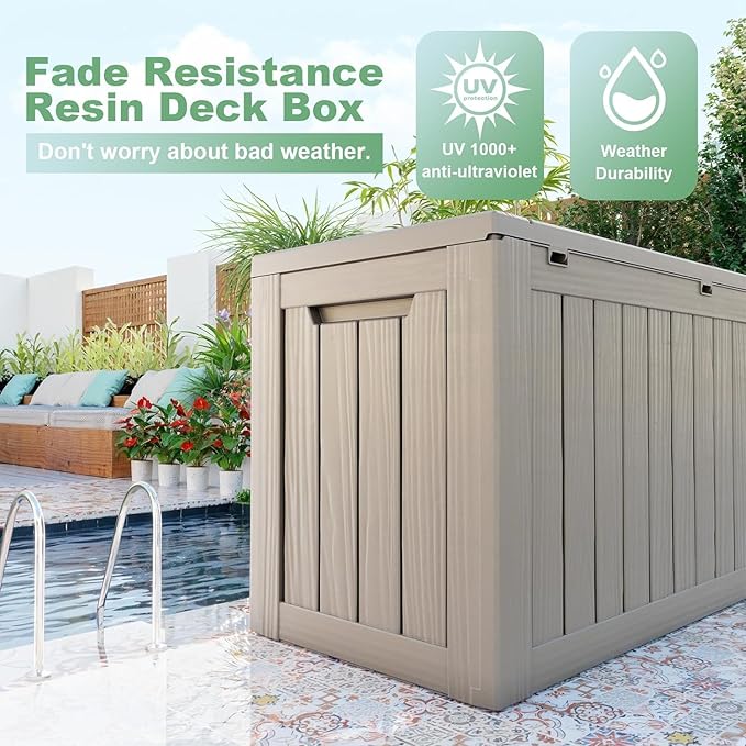 81 Gallon Outdoor Storage Box Waterproof, UV Resistant Resin Deck Box with Hydraulic Rod, Lockable Design and Enhanced Durability for Patio, Garden, and Poolside Use-VerdiqueGarden