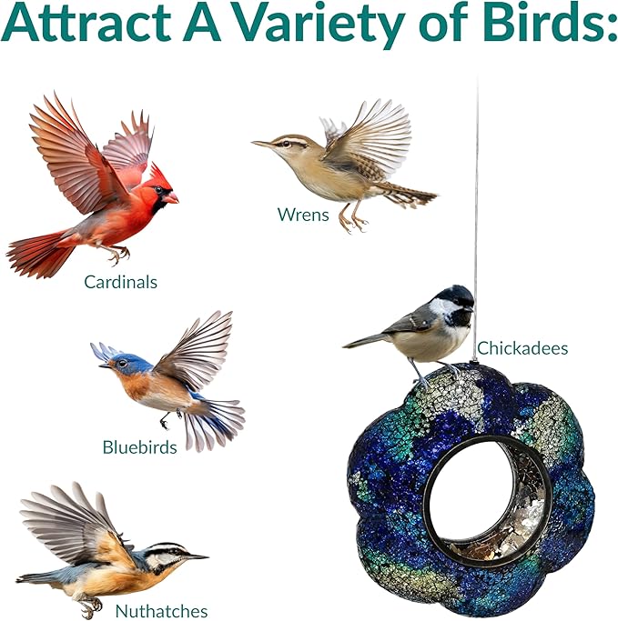 Sunnydaze 10-Inch Glass Mosaic Hanging Bird Feeder for Outdoors - Fly-Through Wild Bird Feeder - Indigo Flower Mosaic-VerdiqueGarden