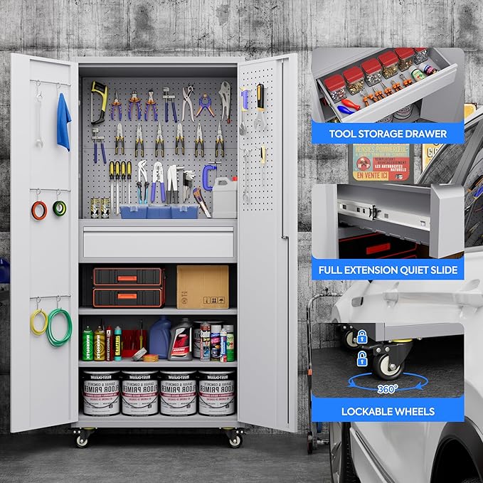 Garage Storage Cabinet with Locking Doors and 2 Adjustable Shelves, 71" H Metal Rolling Tool Storage Cabinet with Wheels, Drawer, Pegboard and 16 Hooks for Garage, Warehouse, White and Gray-VerdiqueGarden