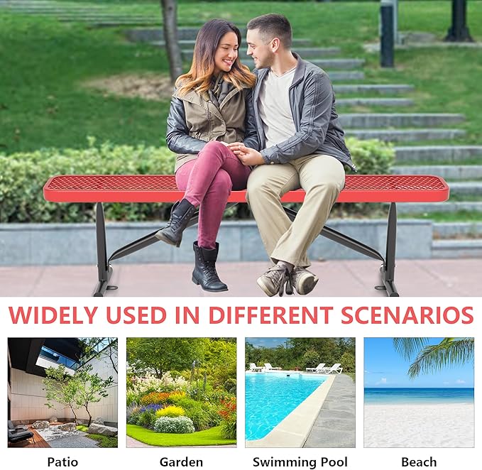 48" L Outdoor Steel Flat Bench, Heavy Duty Metal Park Bench for Outside, Expanded Metal, Commercial Benches Mesh Bench for Shopping Mall, Store, Lawn, Park, Patio, Deck, Garden (Red, 6FT)-VerdiqueGarden