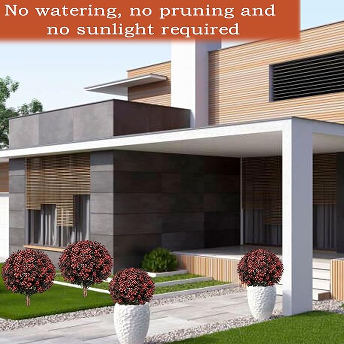 Fall Artificial Topiary Ball Boxwood Tree Outdoor with Spike,Set of 2 Large Faux Shrubs Bushes for Outdoor Planter,UV Resistant Autumn Fake Boxwood Plants for Potted Porch Indoor 24"-VerdiqueGarden