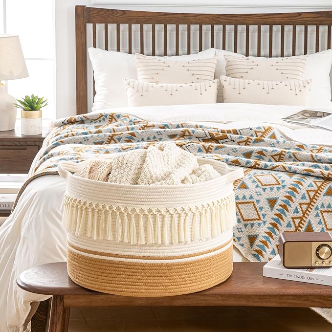 KAKAMAY Large Blanket Basket (20"x13"),Woven Baskets for storage Baby Laundry Hamper, Cotton Rope Blanket Basket for Living Room, Laundry, Nursery, Pillows, Baby Toy chest (White Fringe)-VerdiqueGarden