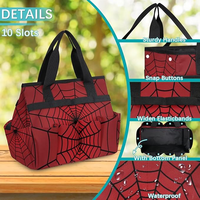 Spiders Web Red Gardening Tool Bag,Heavy Duty Garden Tote Bag,Portable Oxford Gardening Storage Basket Organizer Handbag with Pockets Handle,Hand Tools Gifts for Outdoor Garden Lawn-VerdiqueGarden