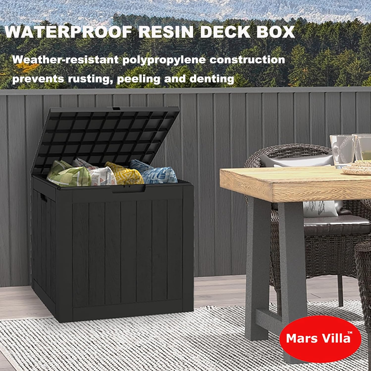 Mars Villa 31 Gallon Deck Box, Outdoor Storage Box Waterproof, Outside Resin Storage Bin for Outdoor Patio Furniture Cushions, Pool Supplies, Garden Tools, UV-Resistant and Weatherproof, Black-VerdiqueGarden