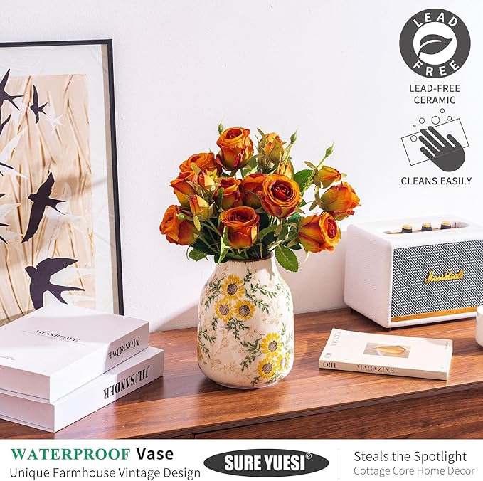 Sunflower Vintage Ceramic Yellow Floral Vase, Beige and Green Chinoiserie Home Decor for Fireplace Mantle, Table Centerpieces, Kitchen Counter, Tuscan, Cute Flower Vase for Living Room Office 7.8 Inch-VerdiqueGarden