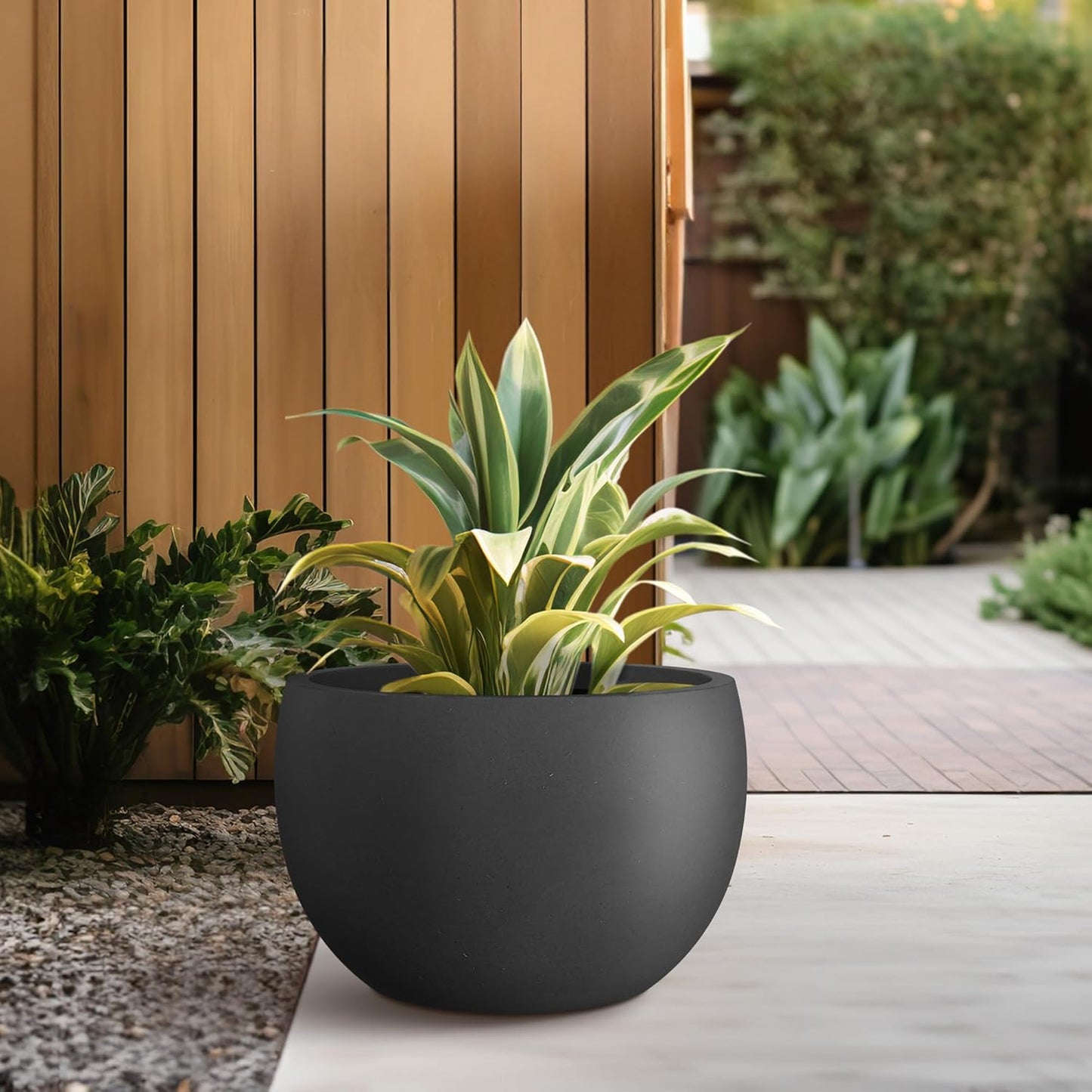 Kante 15.7" Dia Round Concrete Planter, Outdoor/Indoor Large Bowl Plant Pots with Drainage Hole and Rubber Plug for Garden Patio Balcony Home, Black-VerdiqueGarden