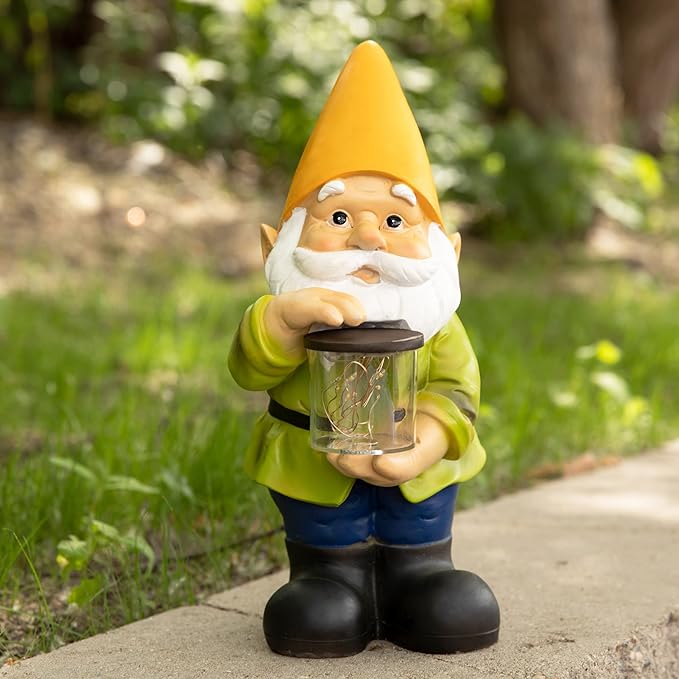 VP Home Jar Garden Gnomes Lawn Gnome with Solar Light Great Addition for Your Garden Solar Powered Knome Gifts for Outside Patio Lawn (Yellow Hat)-VerdiqueGarden
