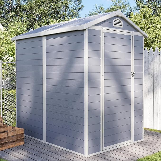 Aoxun 6.3 X 4.2 FT Resin Storage Shed Outdoor Plastic Large Garden Shed with Lockable Door, Floor for Backyard, Garden, Patio, Lawn, Grey (Grey, 6.3 x 4.4)-VerdiqueGarden