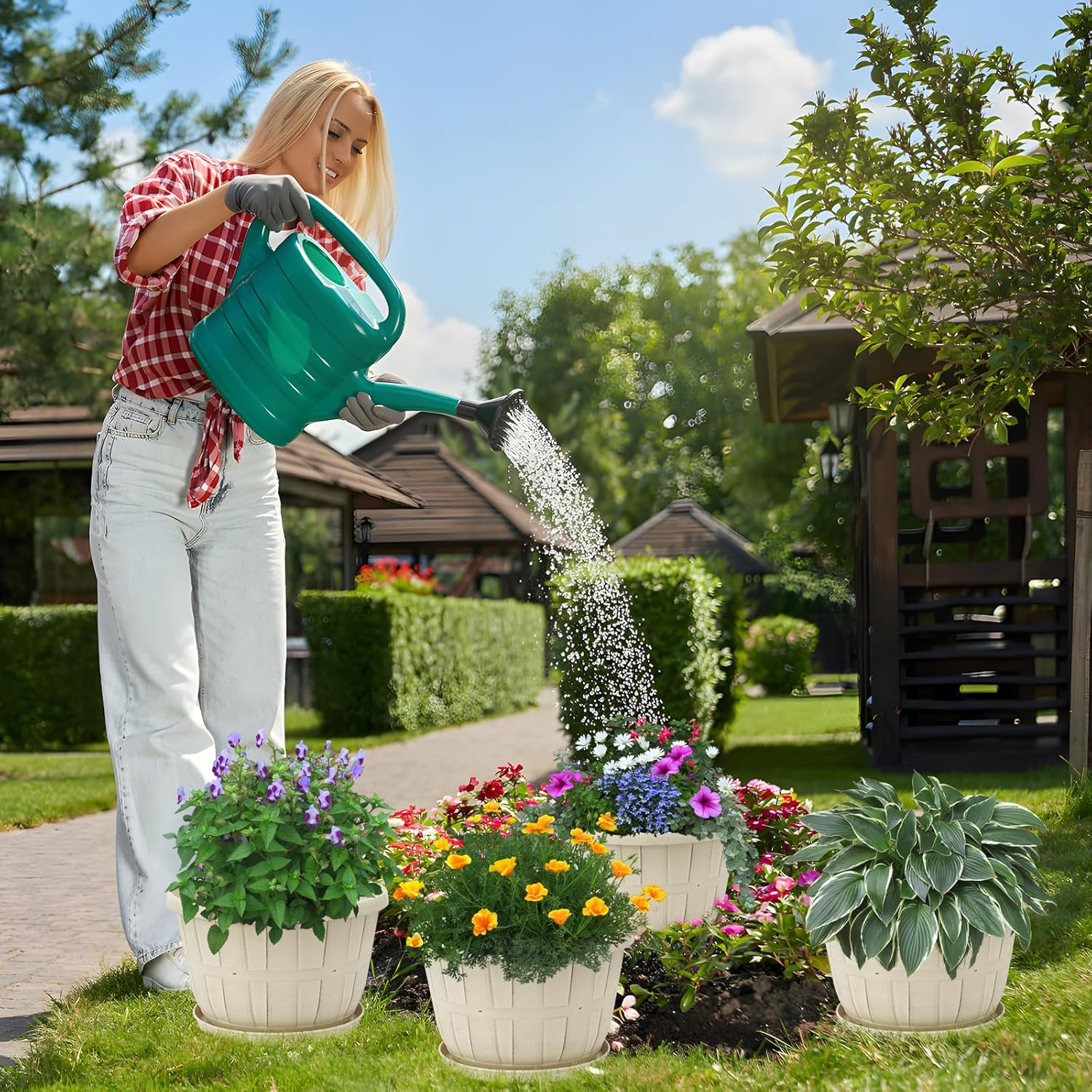 Quarut 12 Inch Large Planter Pot for Plants Indoor Outdoor, 4 Pack Plastic Flower Pots with Drainage Hole & Tray, Modern Decorative Garden Pot with Saucer, Plant Container for House（White）-VerdiqueGarden