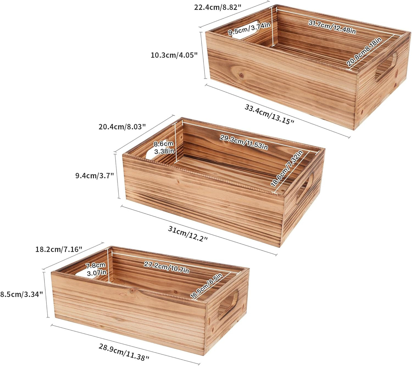 PHOENANCEE Wood Crates For Display,Rustic Crate Storage Decorative Boxes Set of 3,Wooden Nesting Box with Handles Farmhouse Container Basket Bin Home Decoration,Solid Pine,L+M+S-VerdiqueGarden