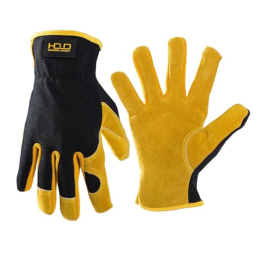 HLDD HANDLANDY Garden Gloves Men, Leather Work Gloves for Men & Women, Cowhide Gardening Gloves Utility Work Gloves for Mechanics, Construction, Driver (L, Yellow)-VerdiqueGarden