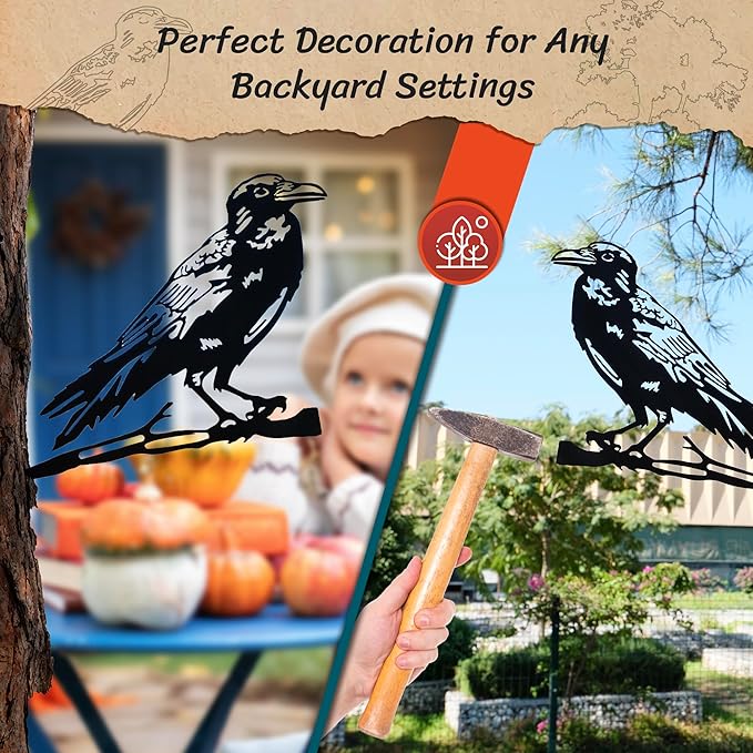 Renovatio Metal Bird Decor – Artistic Raven Silhouette, Metal Garden Ornament, Outdoor Tree Decorations – A Remarkable Yard & Lawn Decor – Raven (Black)-VerdiqueGarden