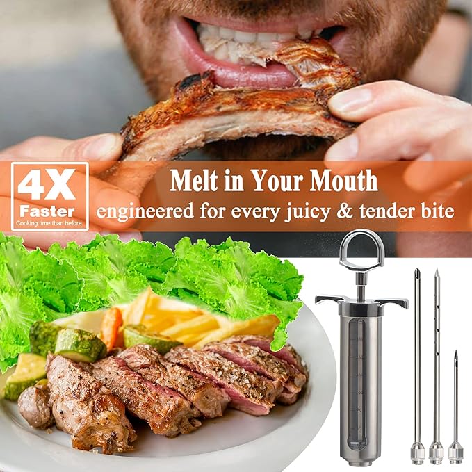 Meat Injector, Stainless Steel Marinade Injector Flavor Syringe Kit with 2-oz Measurement Window for Smoker Food BBQ Grill, Cooking Turkey Chicken Steak Beef Brisket Pork-Chops, 3 Meat Needles-VerdiqueGarden