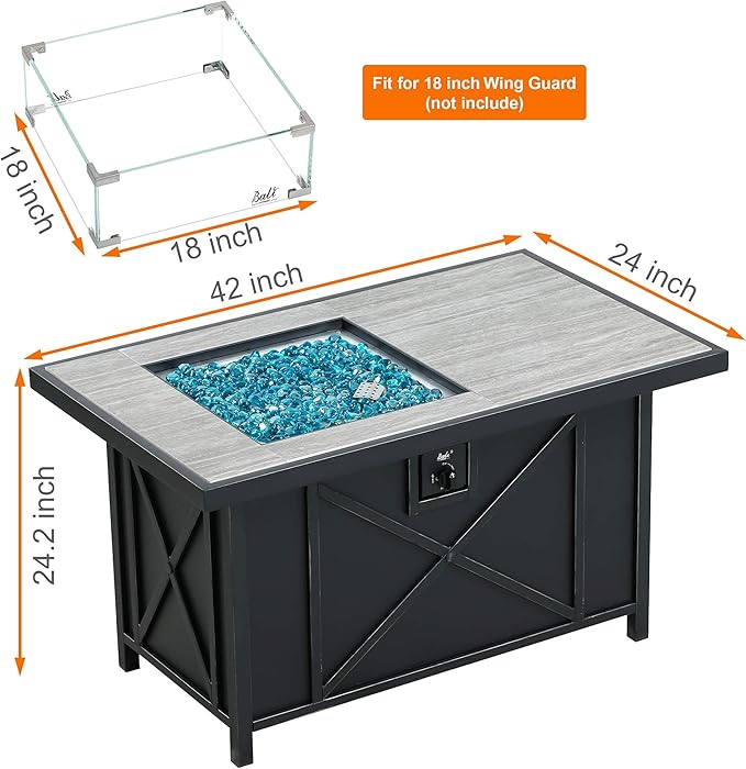 BALI OUTDOORS 42 inch 50,000 BTU Rectangular Propane Gas Fire Pit Table with Fire Glass and Table Lid, Fire Pits Outdoor for Garden, Patio, Backyard-VerdiqueGarden