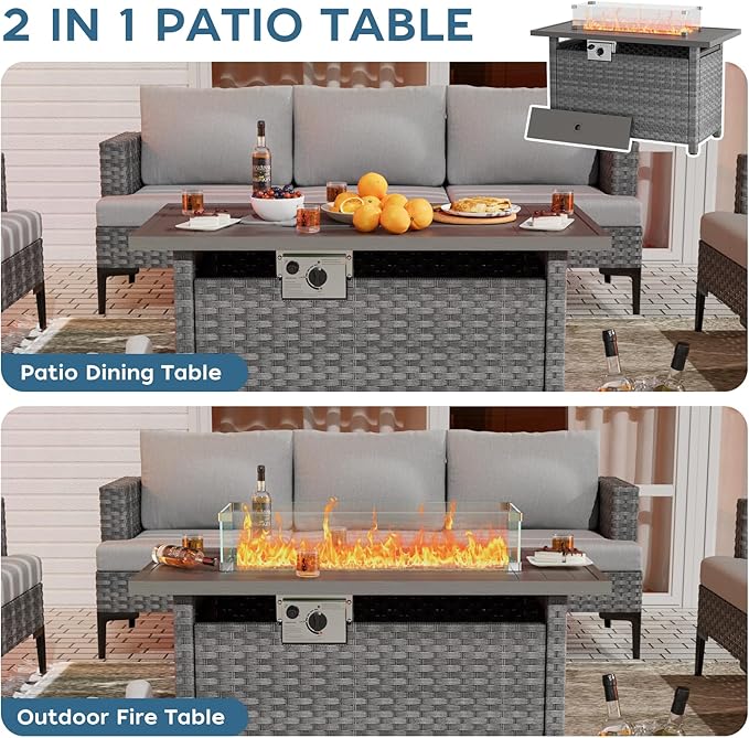 Propane Fire Pit Table Outdoor, 44" 60000BTU Auto-Ignition Fire Pits Table with Wind Guard Square Large Wicker Propane Firepits for Porch Garden(Grey,CSA Certified)-VerdiqueGarden