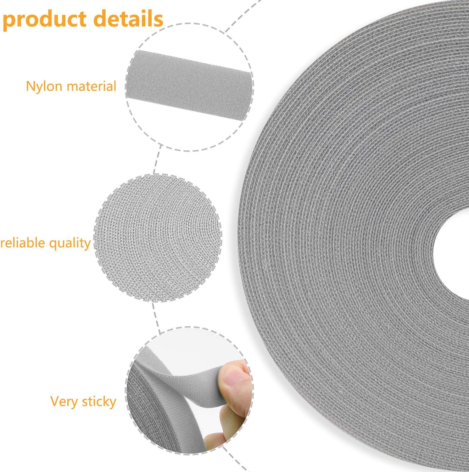 Reusable Fastening Tape Cable Ties 3/4 Inch Double Side Hook Roll (25 Yard, Grey)-VerdiqueGarden