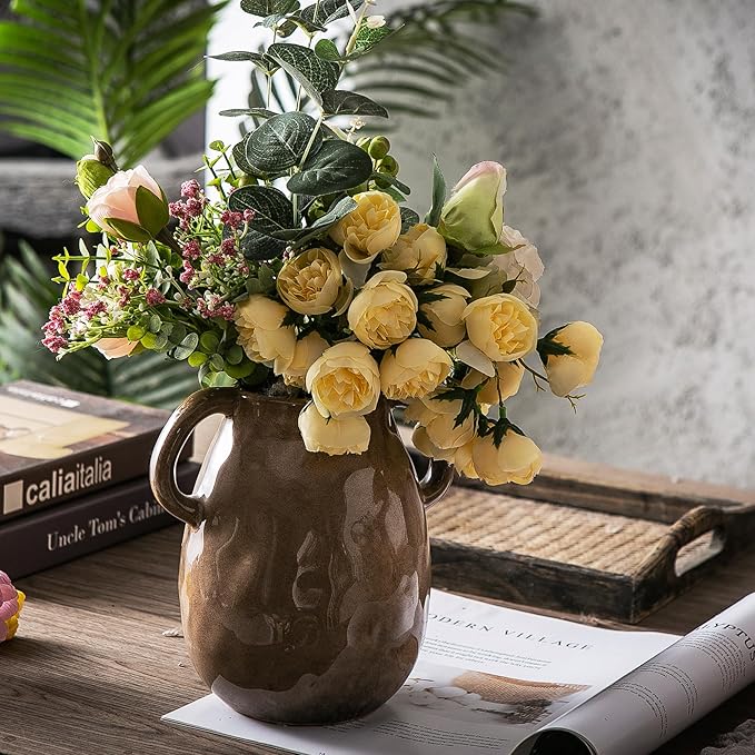 Kimdio Brown Ceramic Vase with 2 Handles, Modern Farmhouse Vase for Home Decor, Vintage Rustic Pottery Vase, Decorative Terracotta Vase, Clay Jug for Living Room Dining Table Shelf-VerdiqueGarden