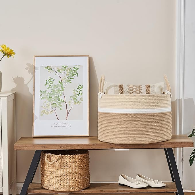 KAKAMAY Large Blanket Basket (20"x13"),Woven Baskets for storage Baby Laundry Hamper, Cotton Rope Blanket Basket for Living Room, Laundry, Nursery, Pillows, Baby Toy chest (White and Brown)-VerdiqueGarden