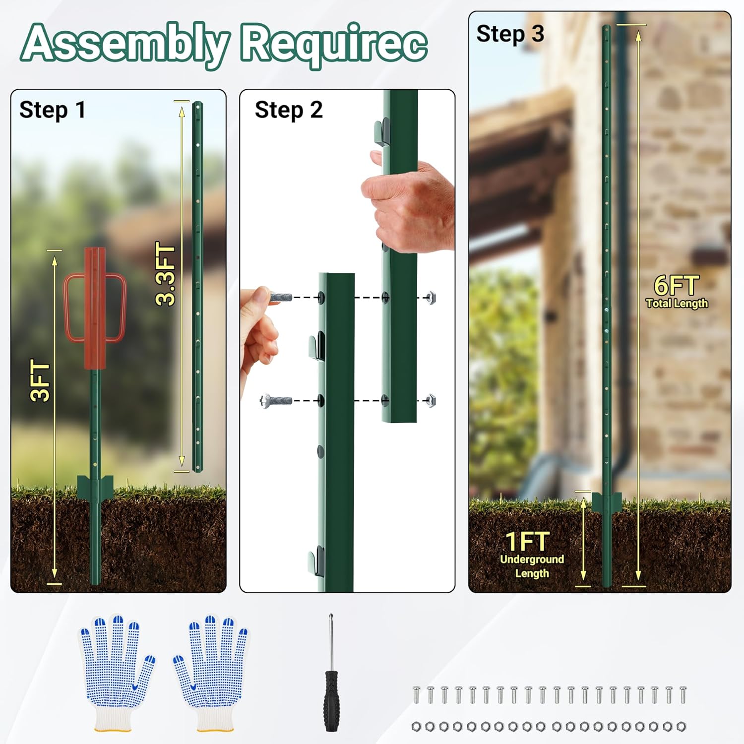 Fence Posts 6 Ft - 8 Pack, Requires Manual Assembly - Heavy Duty Metal Fence Post, No Dig U Post for Farm, Garden, Orchard and Outdoor Wire Fencing (Green)-VerdiqueGarden