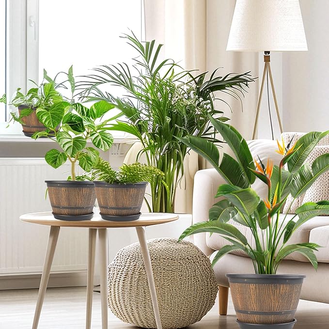 10-inch-Plant-Pots-Indoor-Outdoor, 4 Pack Whiskey Barrel Planters with Drainage Holes & Saucer, Plastic Flower Pots Imitation Wine Barrel Design, Decorative Garden Pots for Plants-VerdiqueGarden