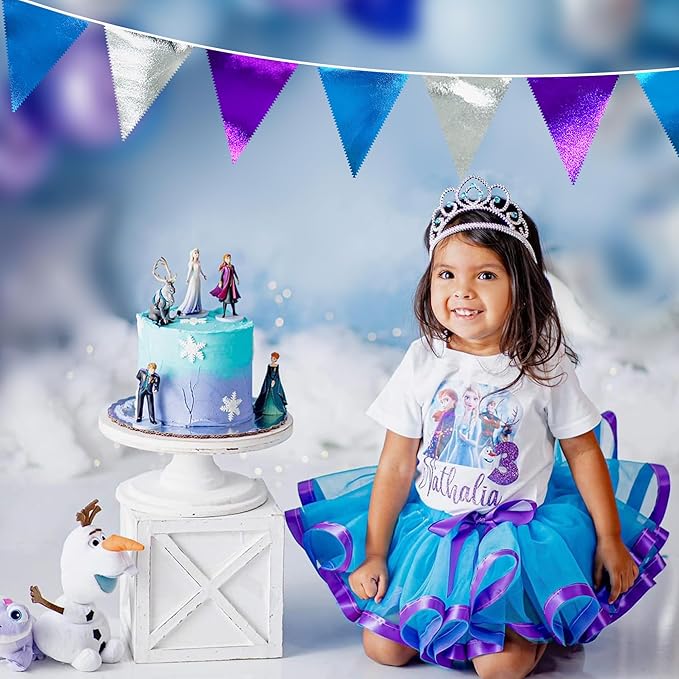 Frozen Party Decoration Purple Blue Silver Metallic Fabric Triangle Pennant Banner Flag Bunting Garland for Frozen Winter Wonderland Christmas Birthday Wedding Baby Shower Bridal Shower Party Supplies-VerdiqueGarden