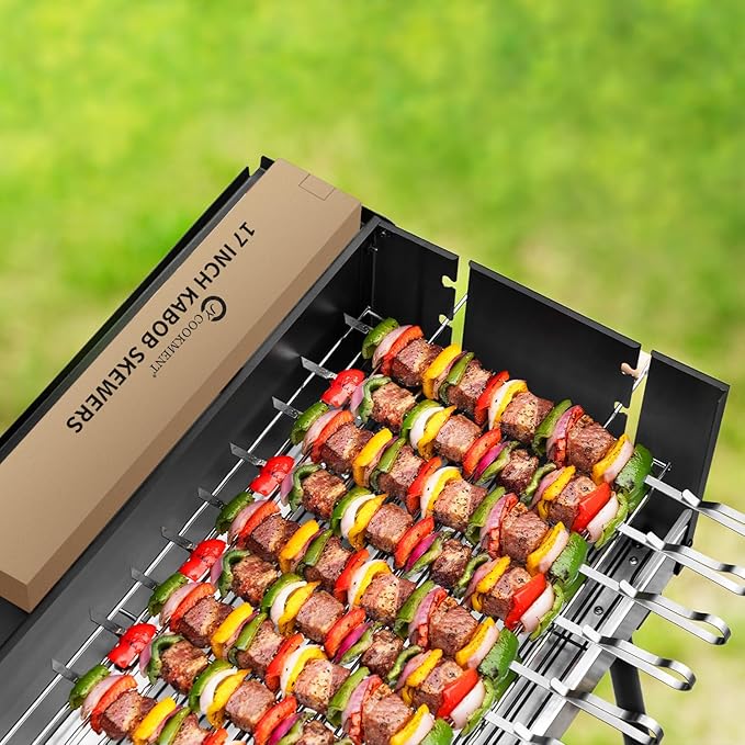 Kabob Skewers 17" Stainless Steel Long BBQ Barbecue Skewers, Flat Metal Kebob Sticks Wide Reusable Grilling Skewers for Meat Chicken,Set of 12 with Storage Bag-VerdiqueGarden