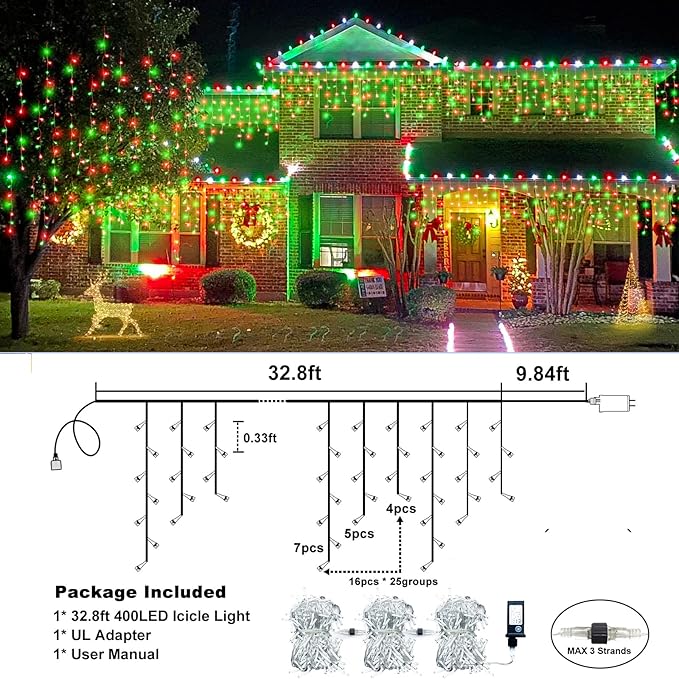 Icicle Lights for Outside, 33FT 400 LED Christmas Lights Outdoor with Waterproof 8 Modes, Plug in Connectable String Twinkle Light for Indoor Roof Window Garden Fence Party Decorations, Red Green-VerdiqueGarden