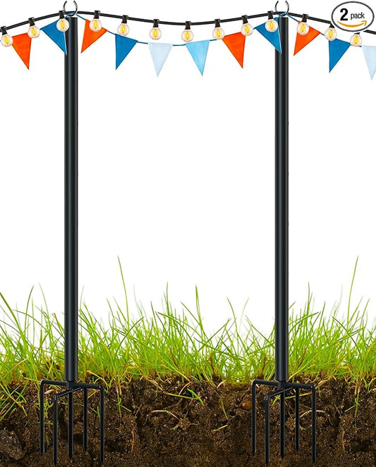 LAND·VOI Metal String Light Poles for Outside Hanging - Backyard, Garden, Patio, 2 Pack Lighting Stand with Adjustable Height for Outdoor Parties, Wedding, Extra-Long 5-Prong Claws, (9.6FT) FLP02B-VerdiqueGarden