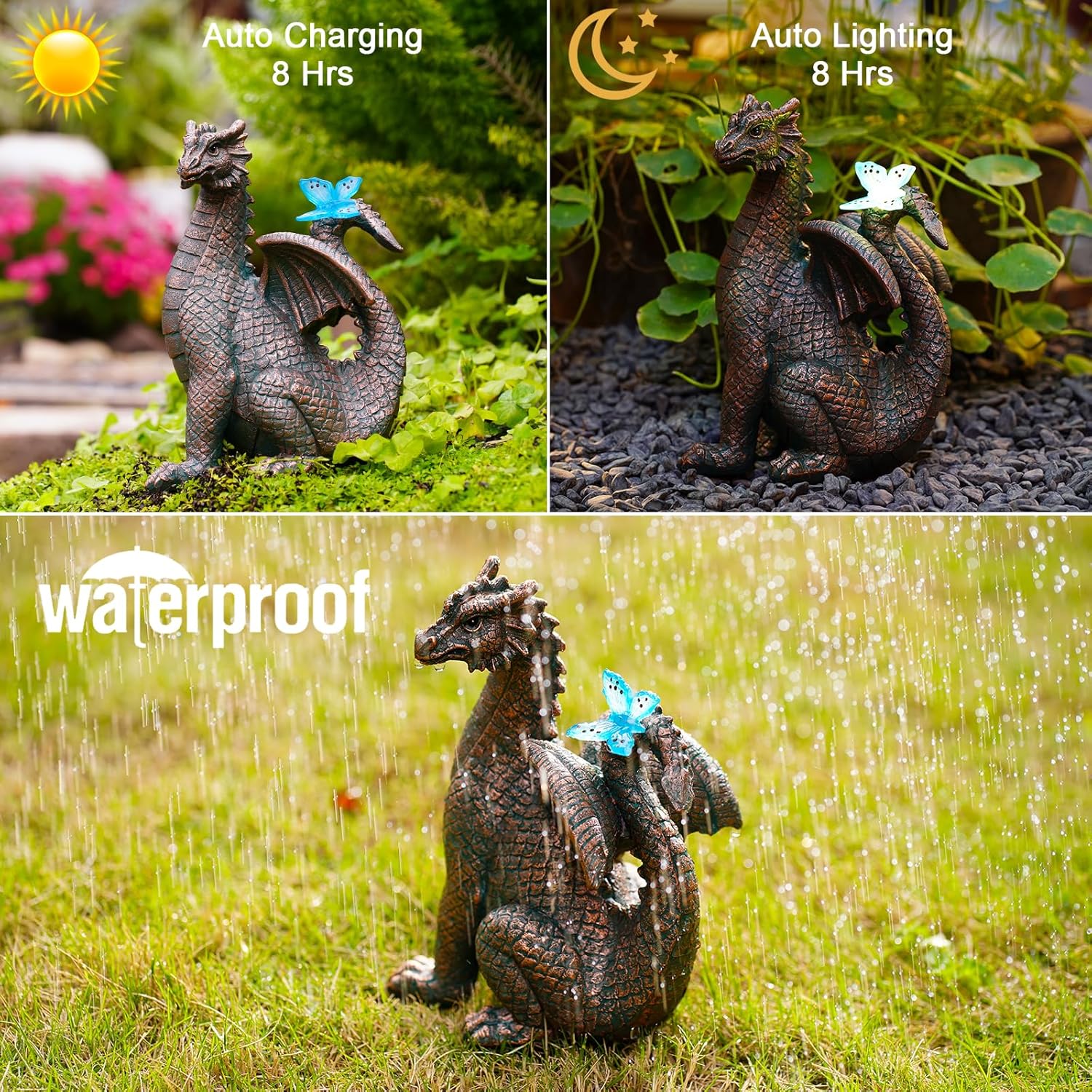 Nacome Dragon Outdoor Statues for Garden: Outside Decor with Butterfly Clearance for Yard Art Lawn Ornaments Porch Patio Balcony Home House - Birthday Gifts for Grandma Mom Women-VerdiqueGarden