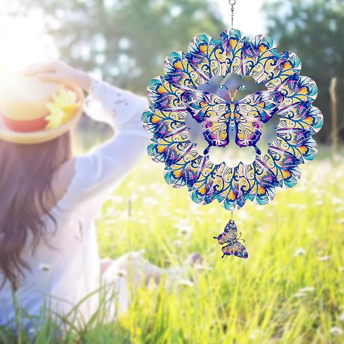 TUOKING Butterfly Wind Spinners Outdoor for Yard and Garden Decor 3D Hanging Wind Sculpture 12 Inch Stainless Steel Wind Spinner Decoration Worth Gift for Women-VerdiqueGarden