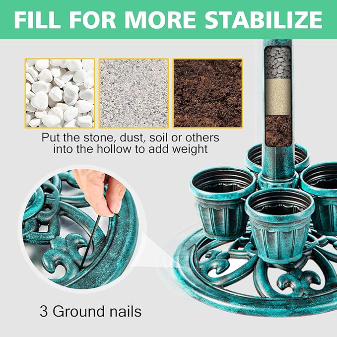 Bird Bath for Outside with 4 Removable Flower Planters 28in Polyresin Lightweight Vintage Birdbath Stake Standing Bowl and Water Feeder Yard Gardan Decor Green-VerdiqueGarden
