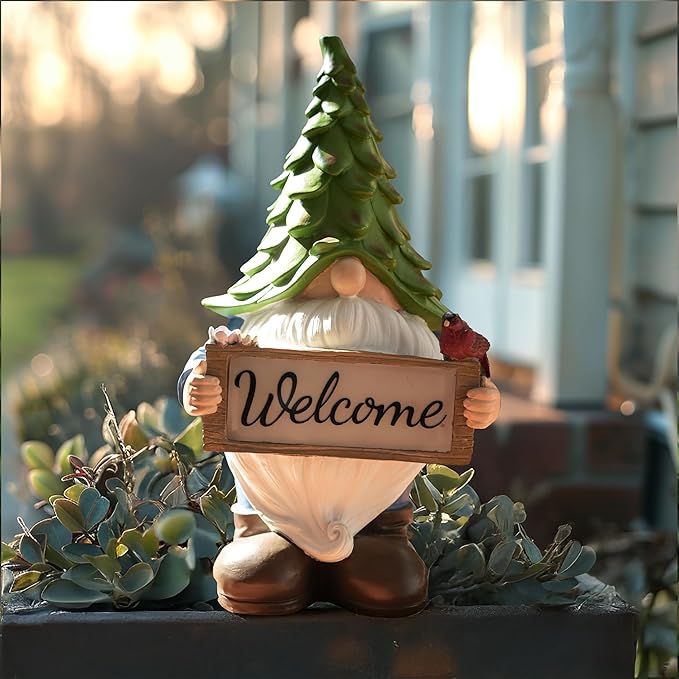 Garden Gnome Statue with Solar Lights, 13.5” Welcome Sign Gnome Outdoor Decor for Yard Lawn Patio, Funny Resin Gnome Sculptures, Gifts for Women Mom Grandma,Garden Decor Ornament-VerdiqueGarden