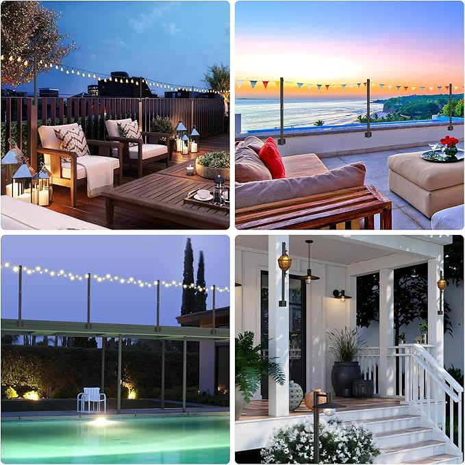 Suchtale 4 Pack 2.8 FT String Light Poles, Suspension Outdoor Fence Post Lights with Clip and Bracket, Outside String Lights Hanging, Wall Mounting Stand for Patio Garden Backyard Wedding Party, Black-VerdiqueGarden