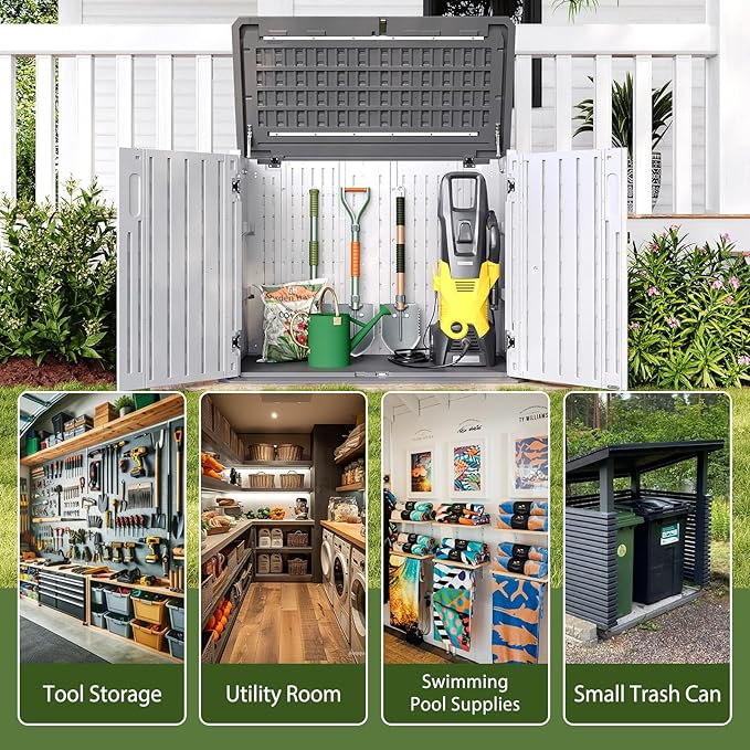 Aoxun Outdoor Storage Cabinet 35 Cu.Ft Outdoor Trash Can Storage Shed Waterproof Horizontal Storage Shed Outdoor Storage for Garbage Bin, Generator, and Lawn Mower (White)-VerdiqueGarden