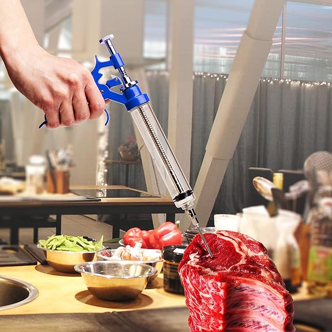 Meat Injector Marinade Gun Stainless Steel Outdoor Kit Flavor Food Syringes & 4 Marinades Needles for BBQ Grill Smoker Injectors Professional Syringe Held Culinary Barbecue Tool (Blue)-VerdiqueGarden