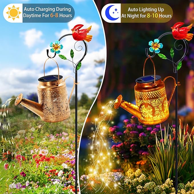 Solar Lights Outdoor Garden Decor, Cardinals Hanging Waterproof Watering Can Lights Outside Decorations for Yard Front Porch Patio Backyard Gift for Mom Grandma Women Birthday （with Shepherd Hook）-VerdiqueGarden