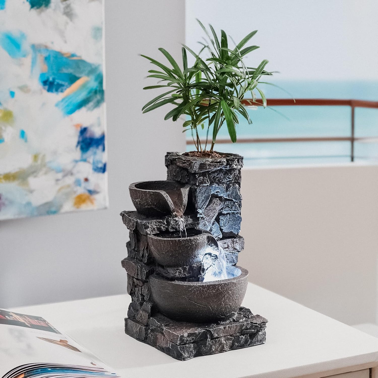 Indoor Tabletop Fountain Waterfall Meditation Exquisite Meditation Desk Water Decorative Zen Fountain Office and Home Decoration Grow Plant/Herbs by Yourself-VerdiqueGarden