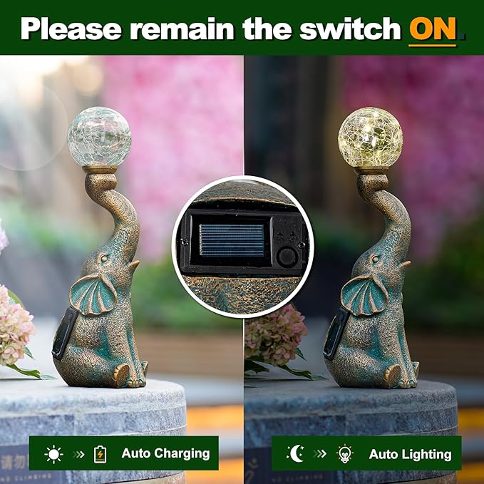 MININOVA Garden Decor Outdoor Statues Elephant with Cracked Glass Ball, Cute Solar Figurine for Patio, Lawn, Yard Art Ornament Decorations (8 LED Lights)-VerdiqueGarden
