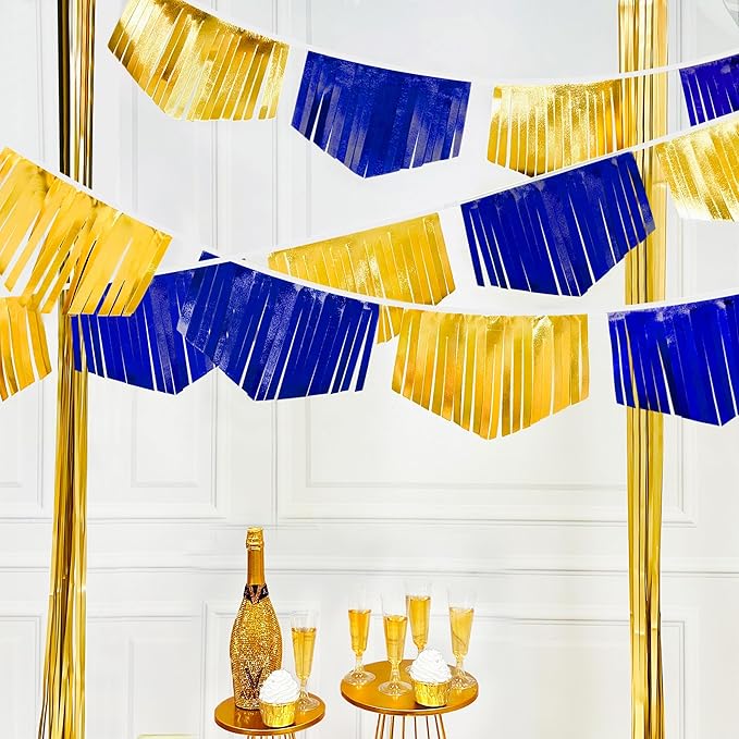 Royal Blue Gold Tassel Banner Metallic Fabric Pennant Bunting Flag for Graduation Retirement Bachelorette Birthday Engagement Wedding Bridal Shower Nautical Ahoy Achor Party Decorations Supplies-VerdiqueGarden